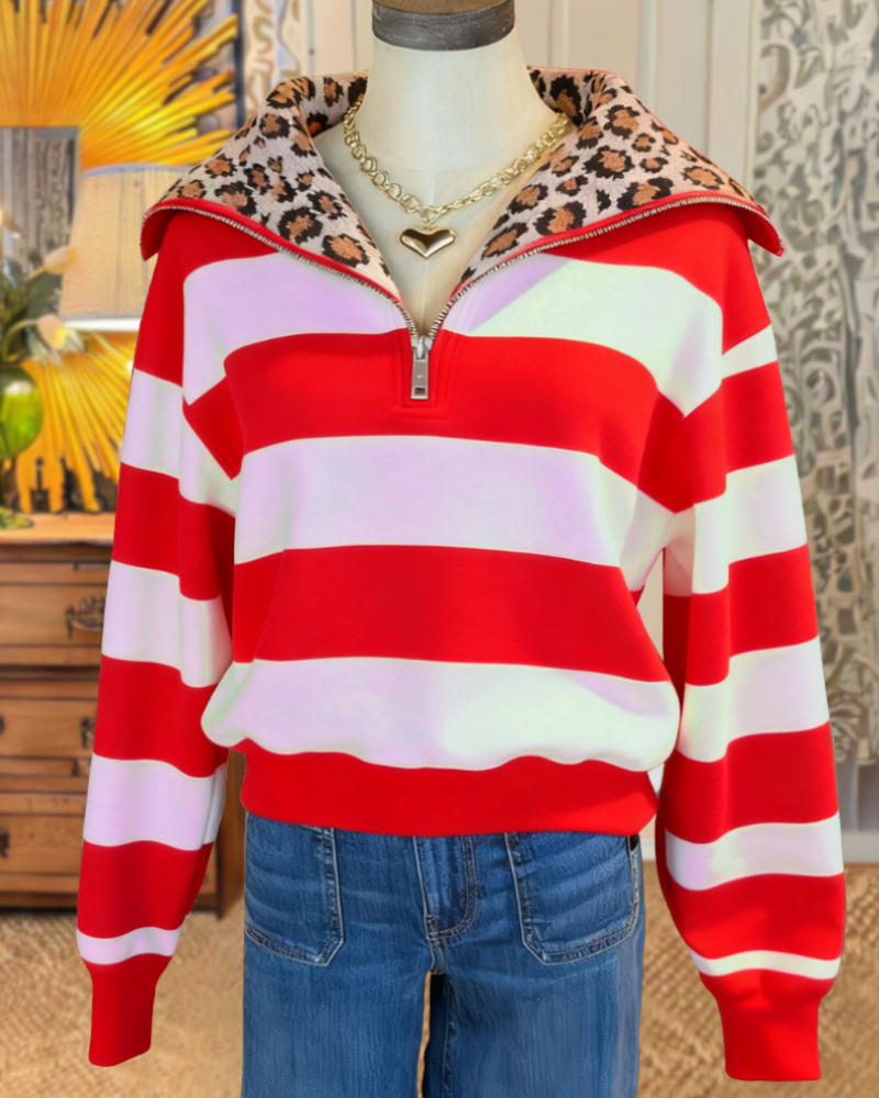 Stylish Striped Leopard Half-zip Pullover