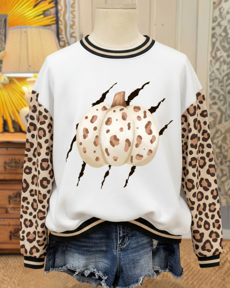Halloween Scratchy Pumpkin Leopard Sweatshirt