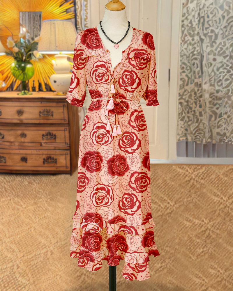 Retro Rose Ruffle V-Neck Dress