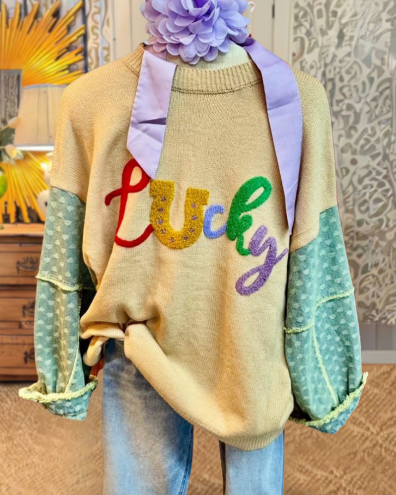 Lucky Embroidered Washed Denim Sweater