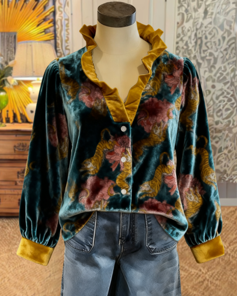 Tiger Floral Ruffle Velvet Blouse