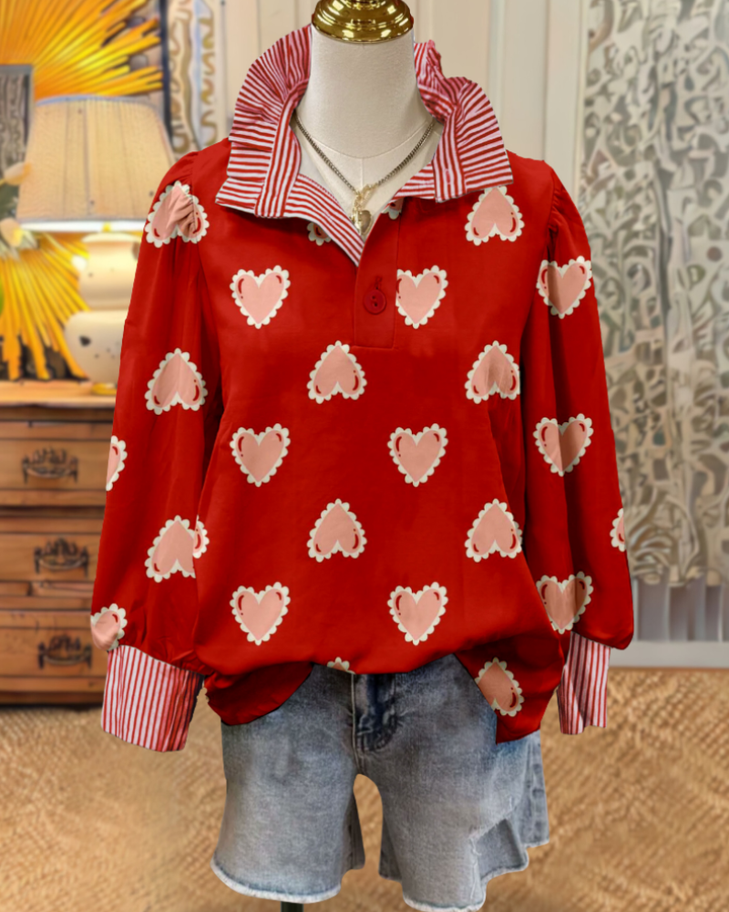 Cute Heart Stripe Trim Blouse
