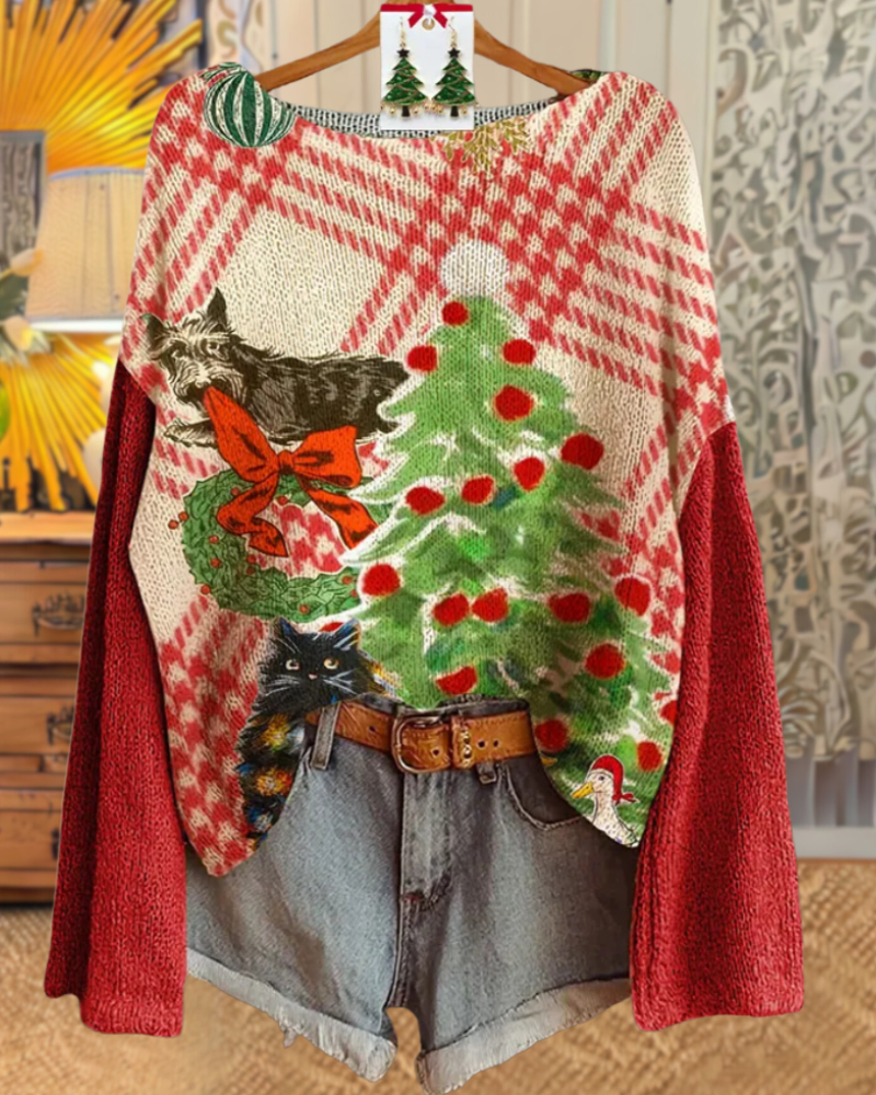 Christmas Tree Cat Plaid Pullover