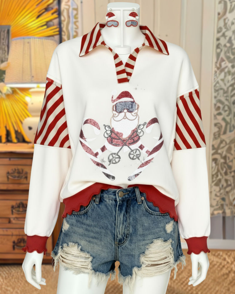 Santa Candy Cane Sequin Stripe Sweatshirt