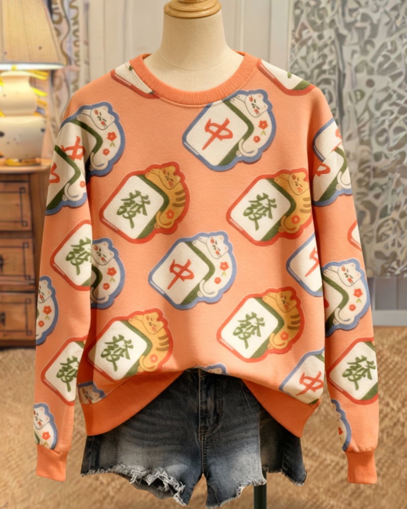 Mahjong Print Crewneck Sweatshirt