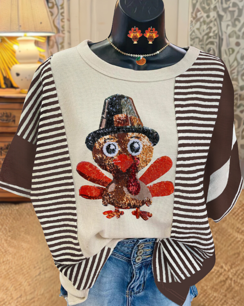 Playful Turkey Sequin Striped T-shirt