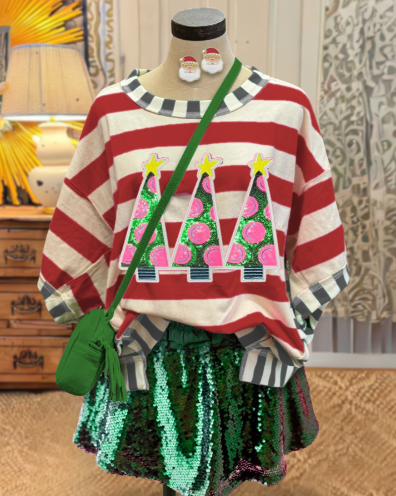 Christmas Tree Sequin Striped T-shirt