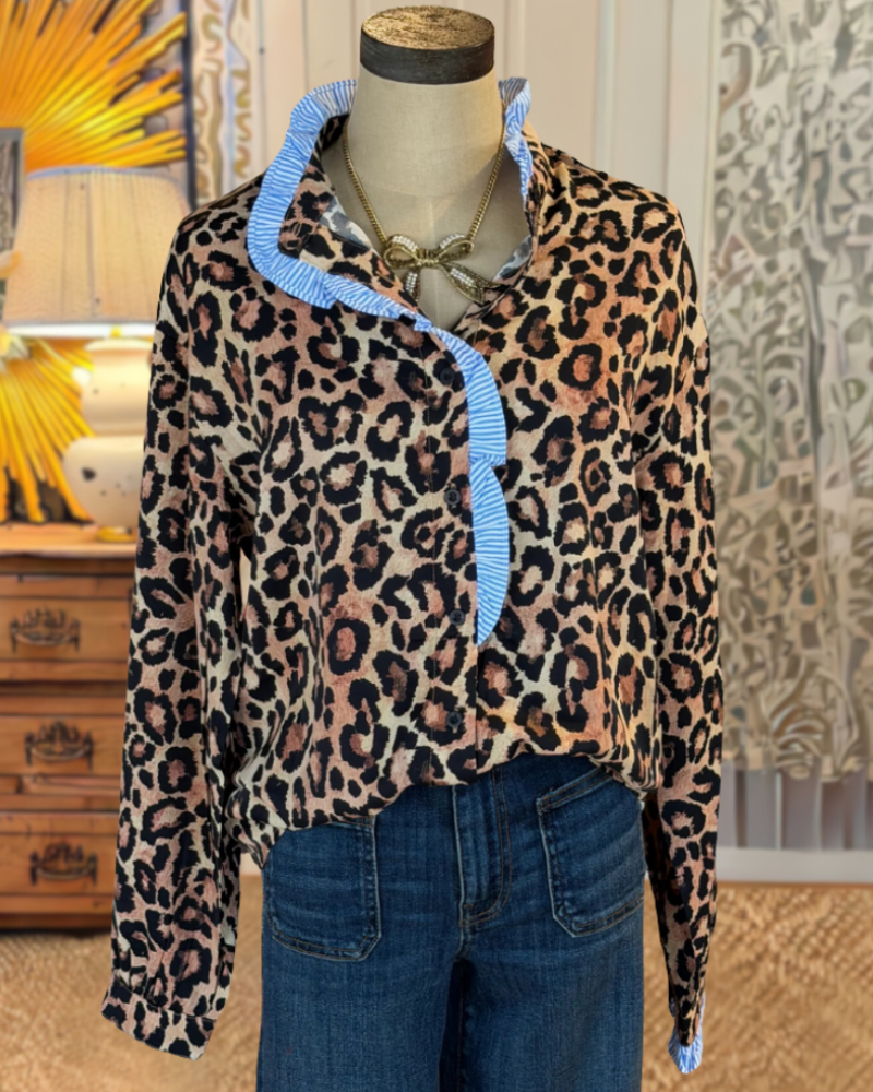 Trendy Leopard Ruffle Striped Top