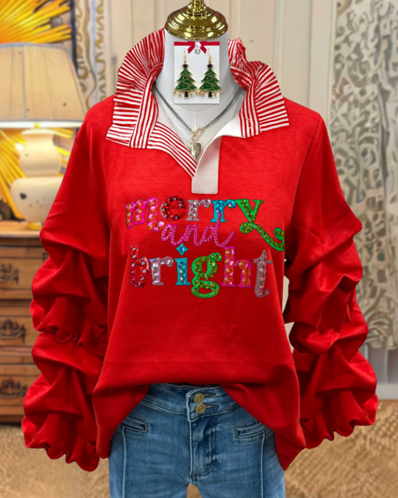 Merry and Bright Print Ruffle Top
