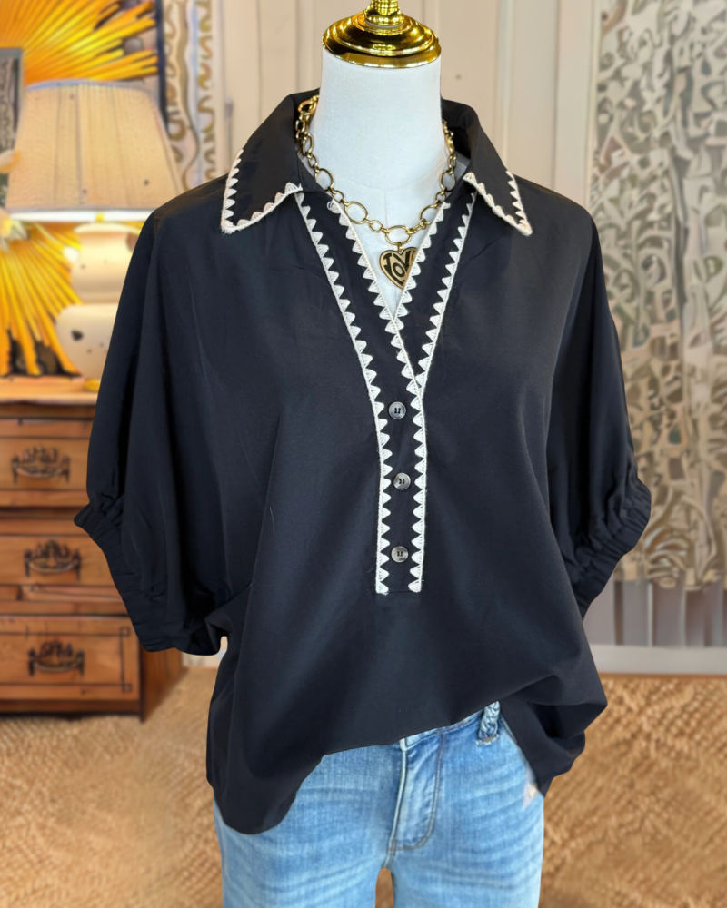 Wavy Stripes Trim V-neck Satin Top