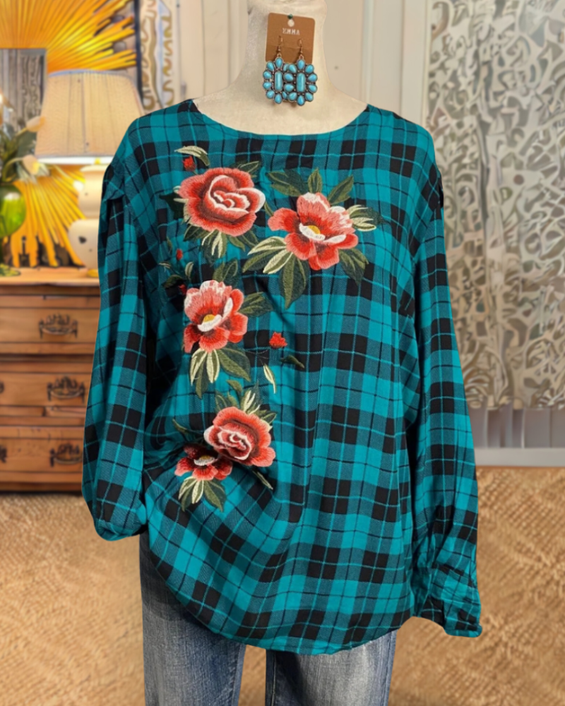 Floral Embroidered Plaid Top