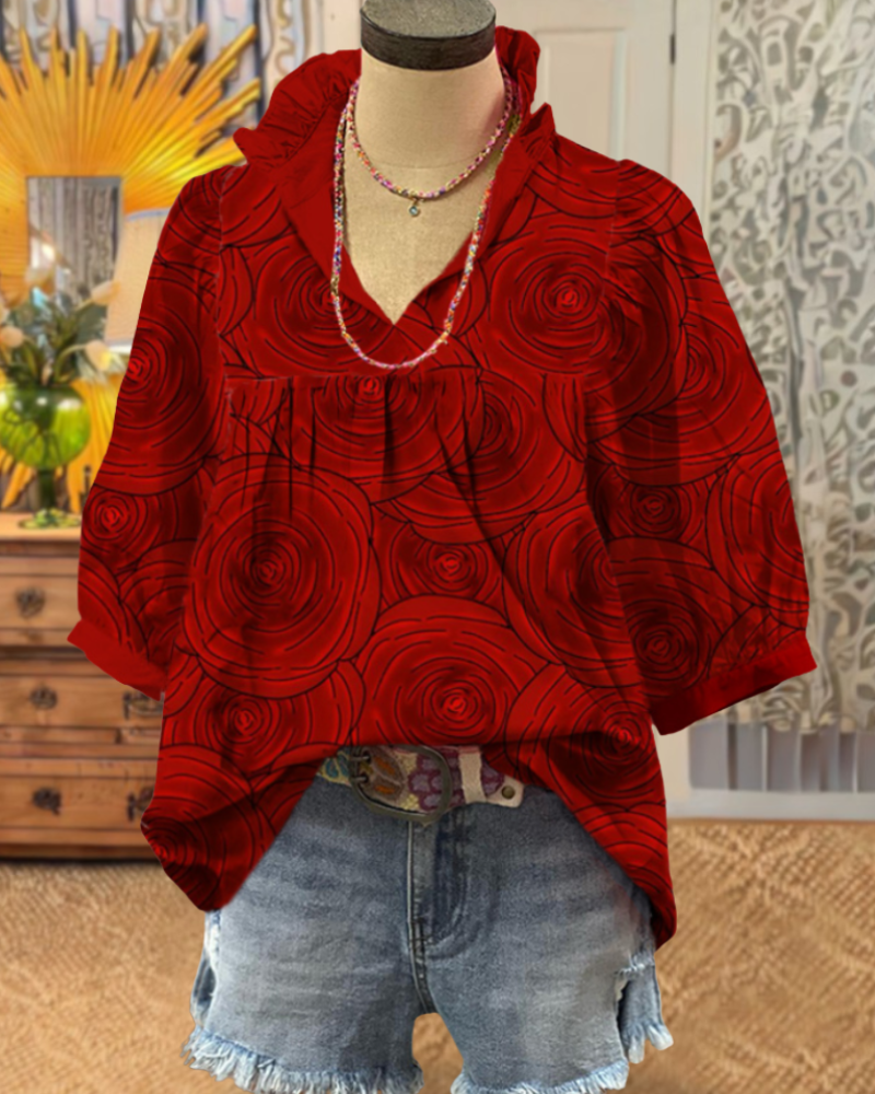 Chic Rose Ruffle V-Neck Top