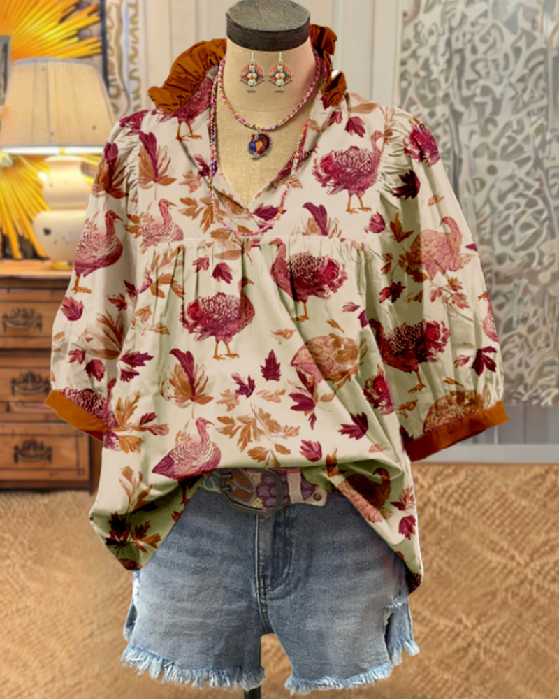 Maple Leaf Flamingo Ruffle Satin Top