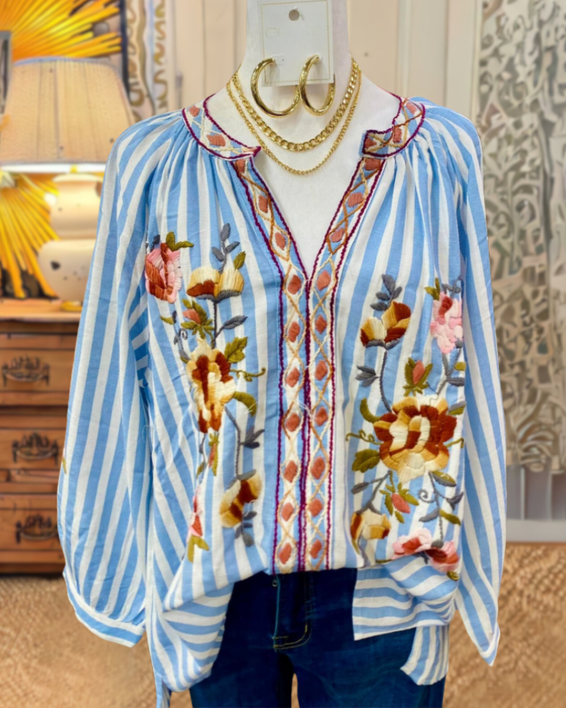 Floral Embroidered Striped V-neck Top