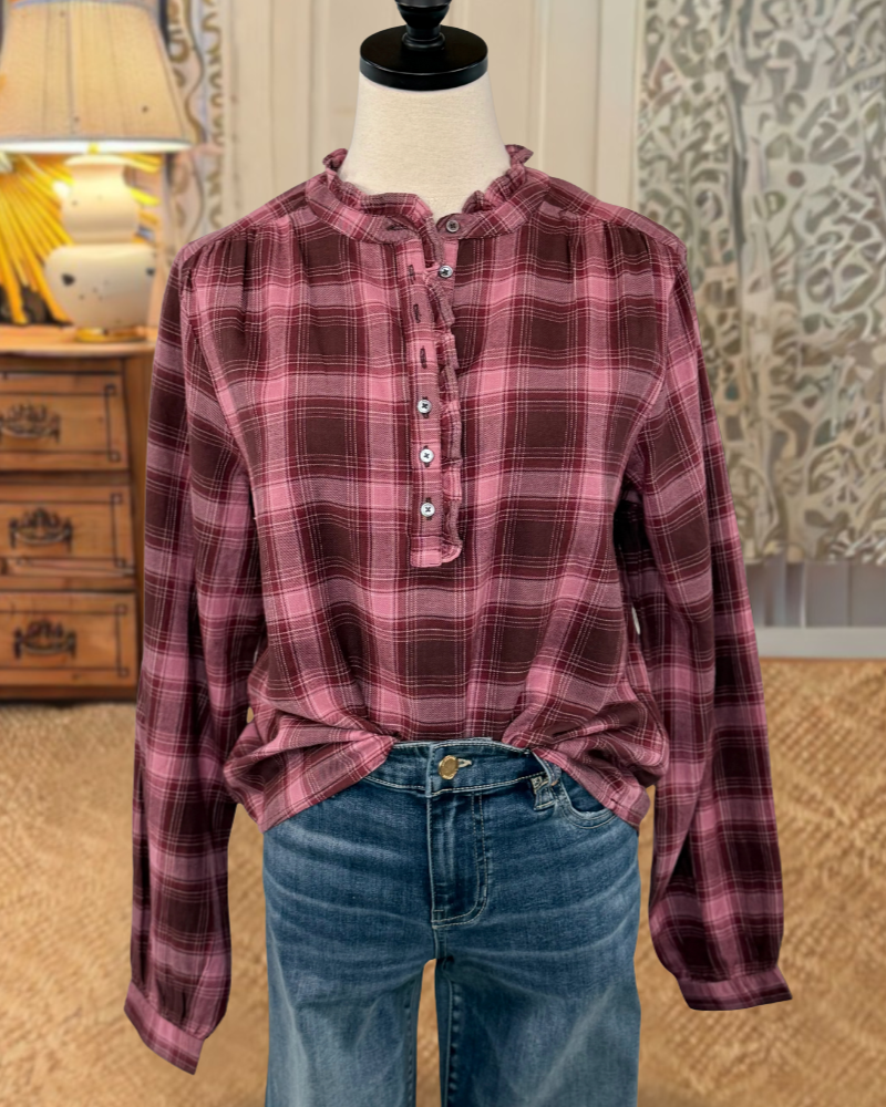 Plaid Ruffle Collar Button Top