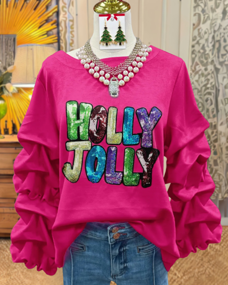 HOLLY JOLLY Sequined Ruffle Sweatshirt