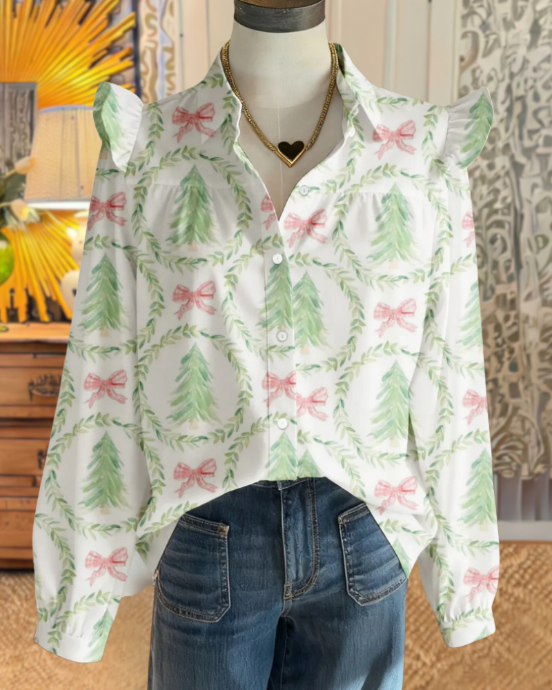 Christmas Tree Bow Lapel Blouse