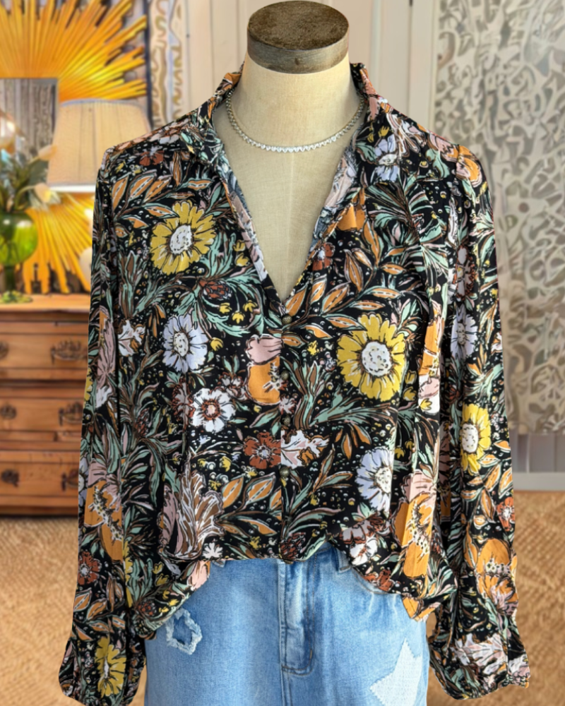 Stylish Retro Floral V-Neck Top