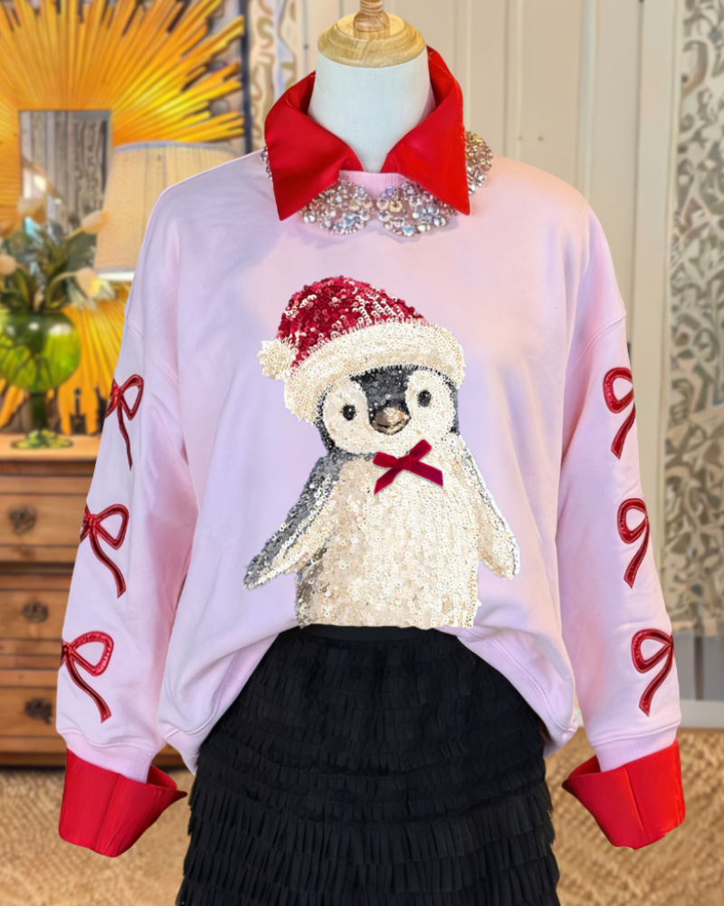 Christmas Penguin Bow Sequined Sweatshirt
