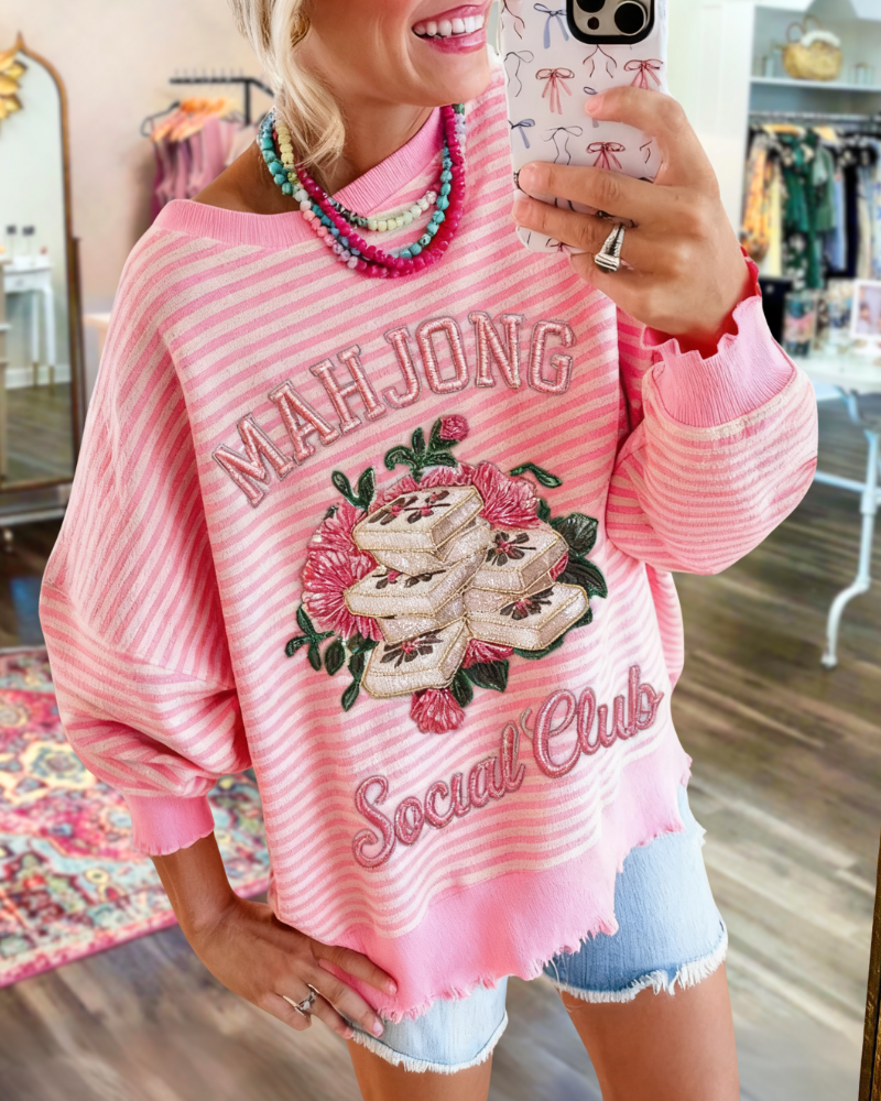 Fun Mahjong Embroidered Striped Sweatshirt