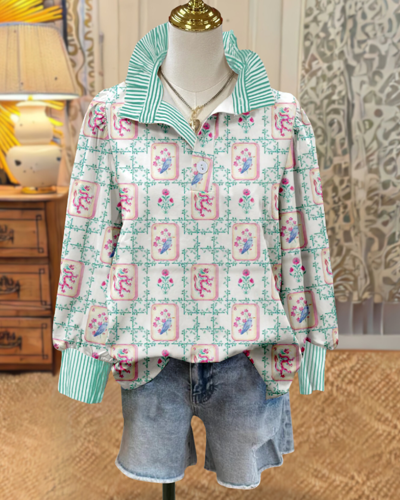 Floral Mahjong Stripe Trim Top