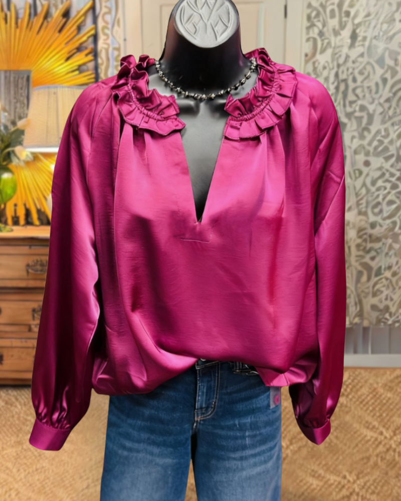 Chic Satin Ruffled V-Neck Top