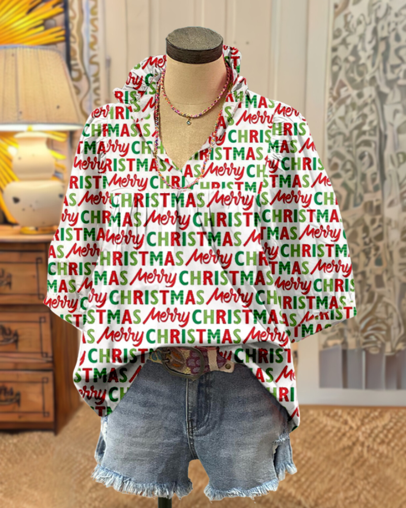 Merry Christmas Font V-Neck Top