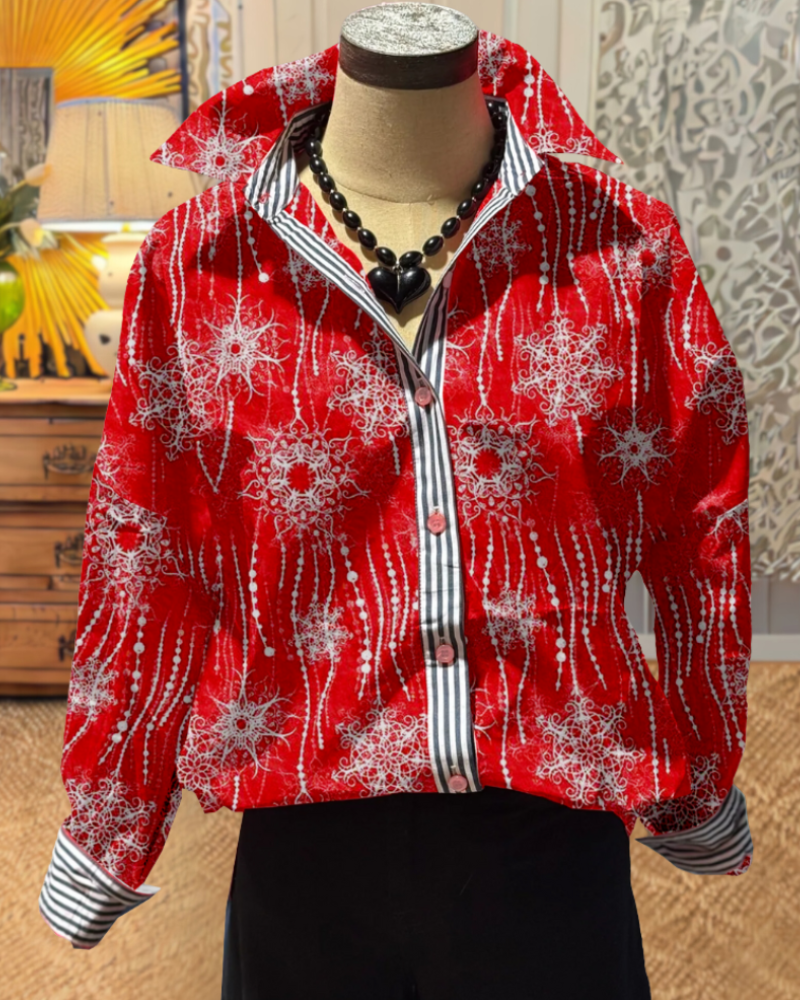 Christmas Snowflake Striped Satin Shirt