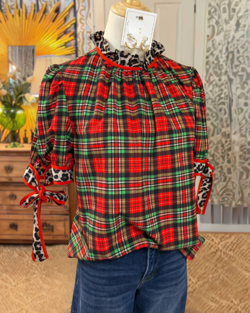 Chic Plaid Leopard Ruffled Top