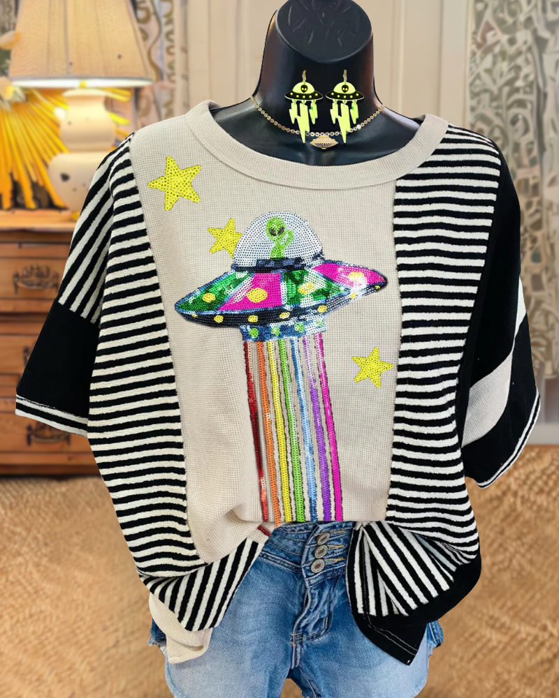 Colorful UFO Sequin Striped T-shirt