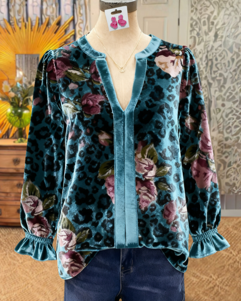 Leopard Floral Velvet V-Neck Top