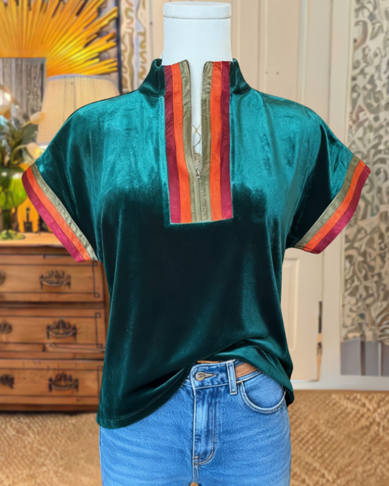 Striped Velvet Half-Zip Top