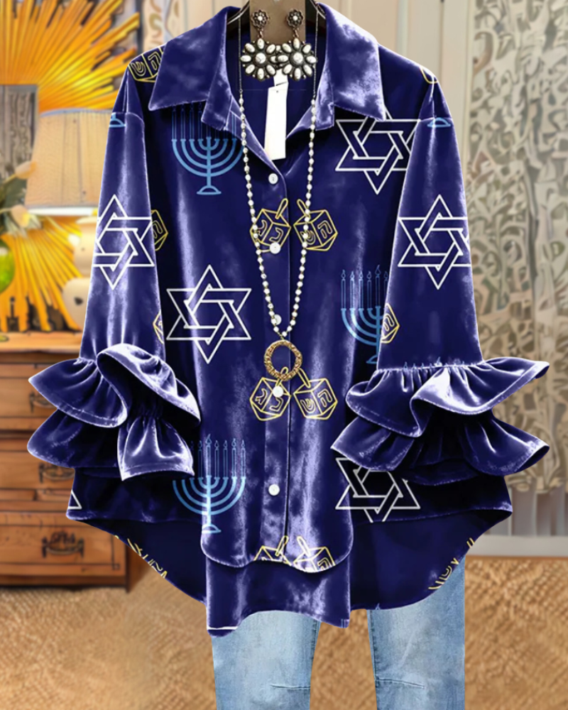 Hanukkah Pattern Ruffled Velvet Blouse