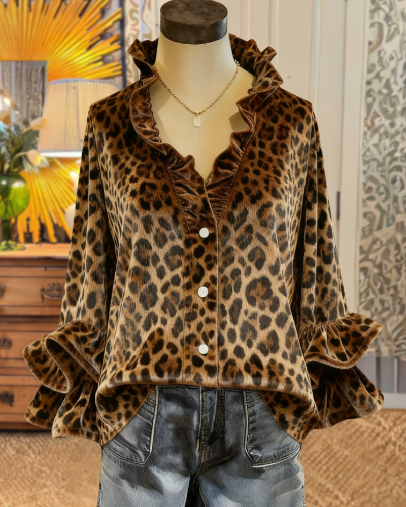 Leopard Velvet Ruffled V-Neck Blouse