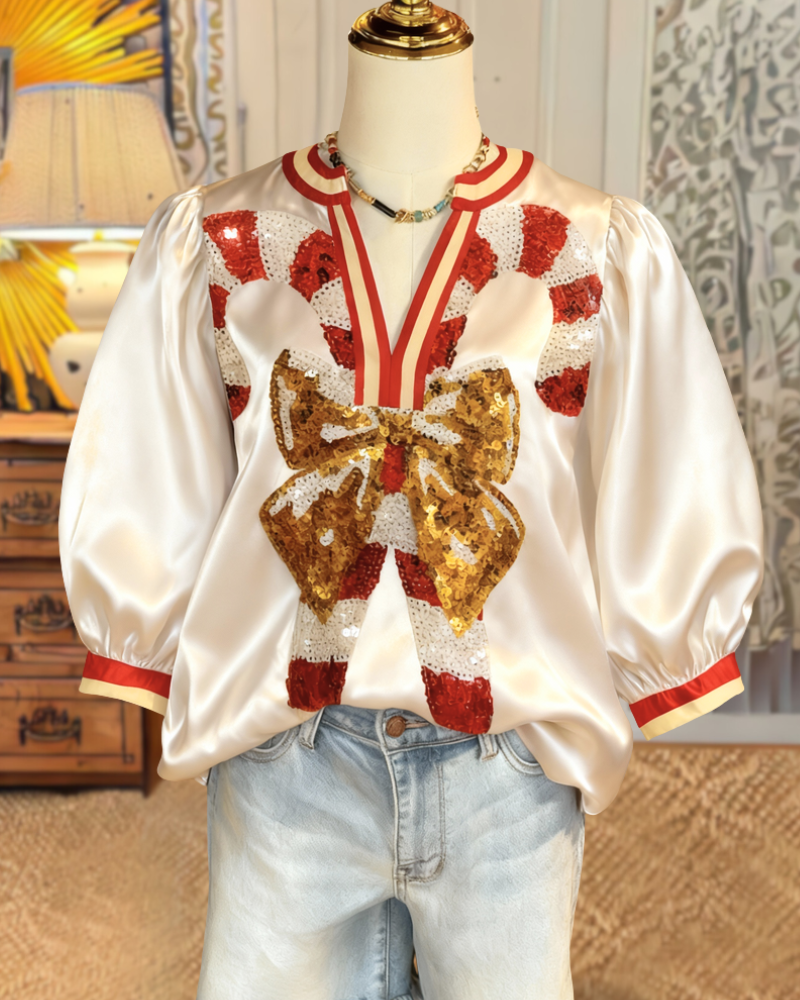 Christmas Candy Bow Satin Top