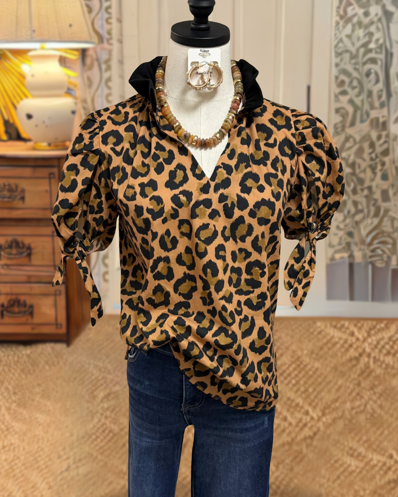 Trendy Leopard V-neck Satin Top