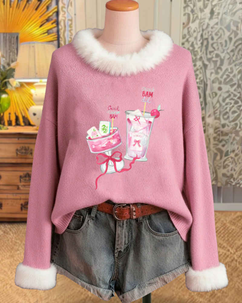 Casual Mahjong Drink Fur Collar Sweater