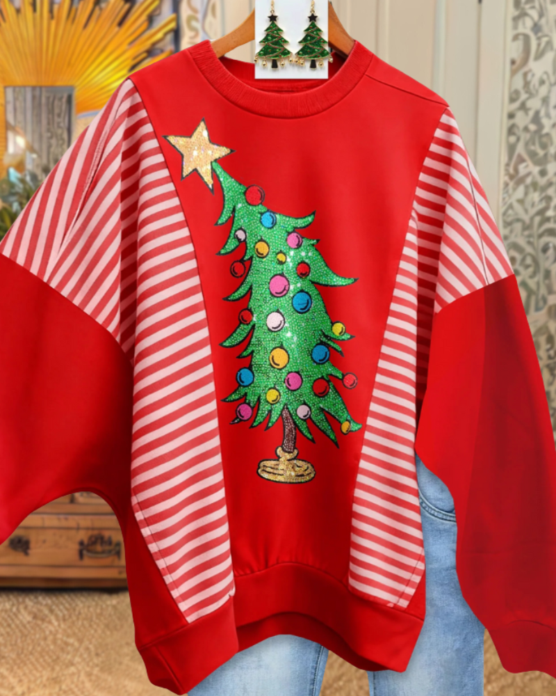 Fun Christmas Tree Striped Sweatshirt