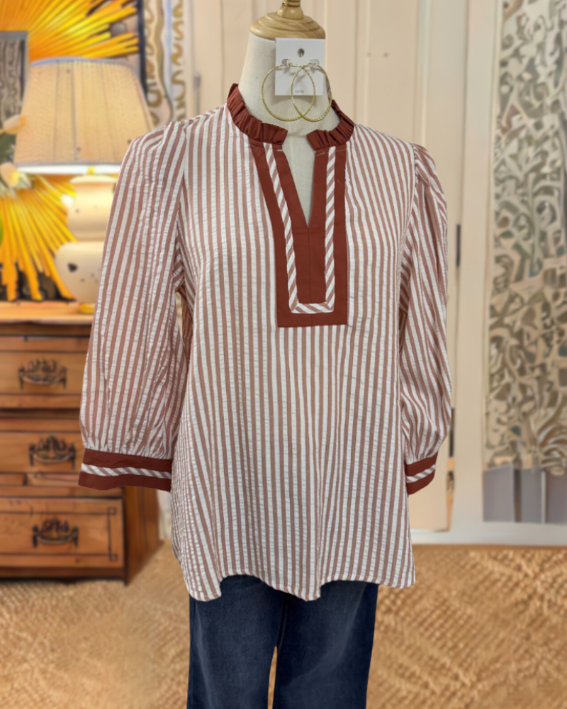 Chic Striped Ruffled V-Neck Top