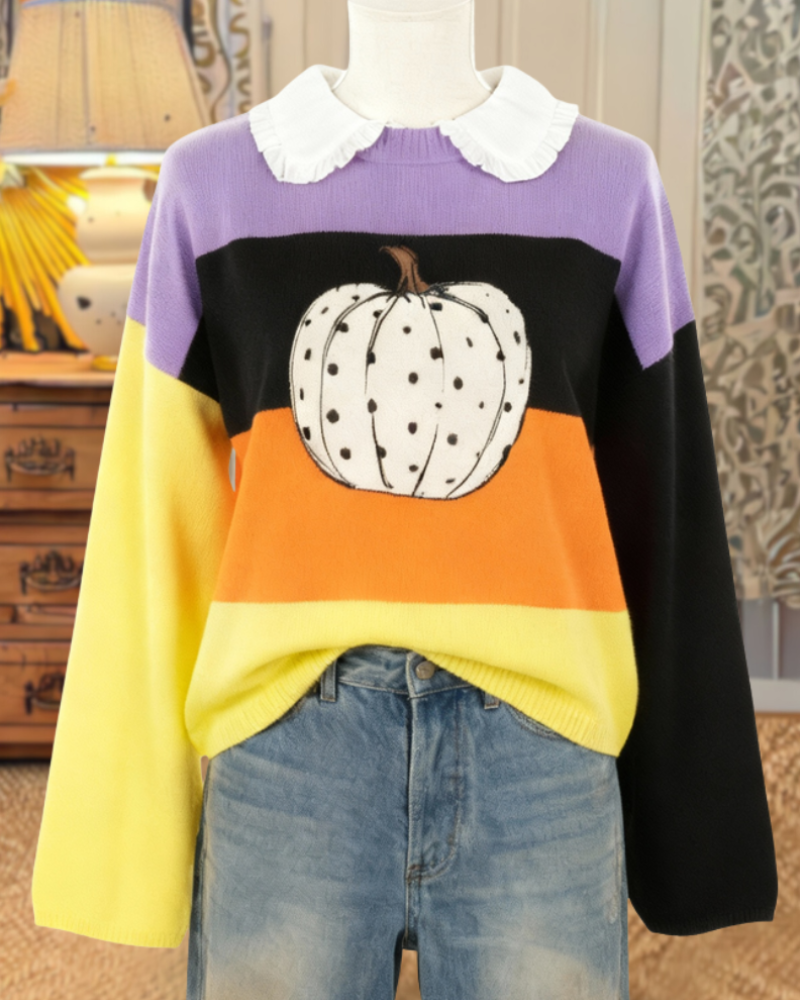 Fun Halloween Pumpkin Art Striped Sweatshirt
