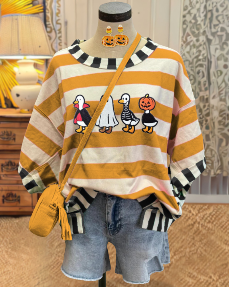 Playful Halloween Duck Embroidered Striped Top