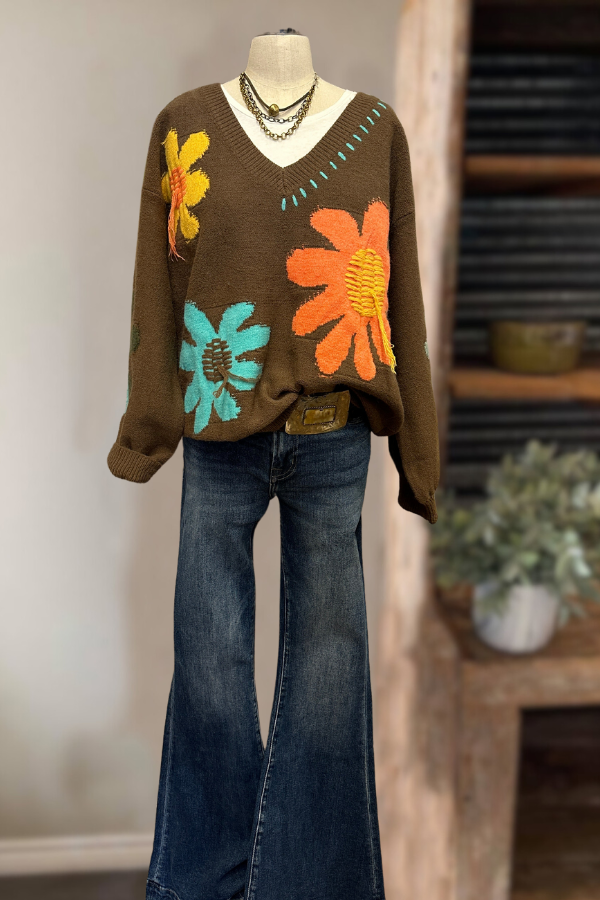 Large Flower V-Neck Sweater