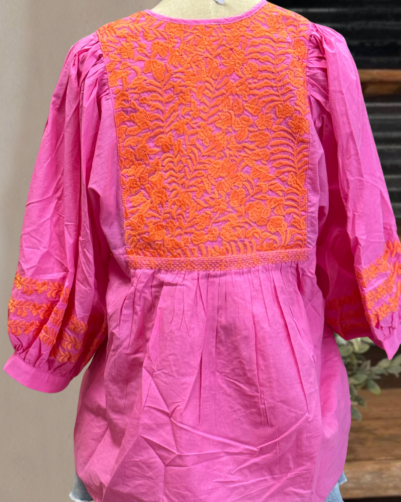 Pink + Orange Embroidered Top