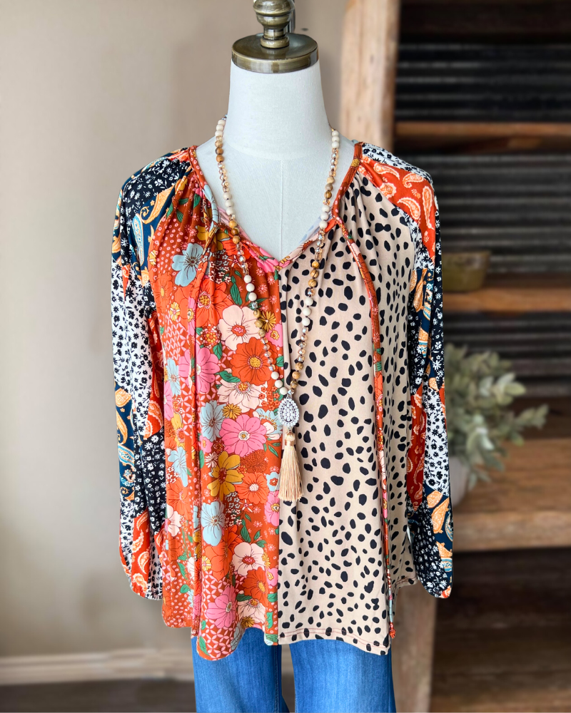 Floral Animal Patchwork Print Top