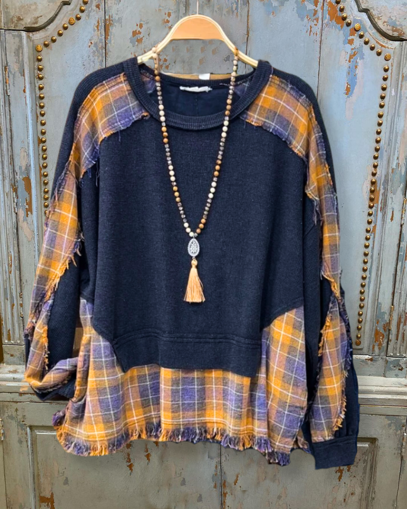 Patchwork Washed Plaid+Waffle Sweatshirt