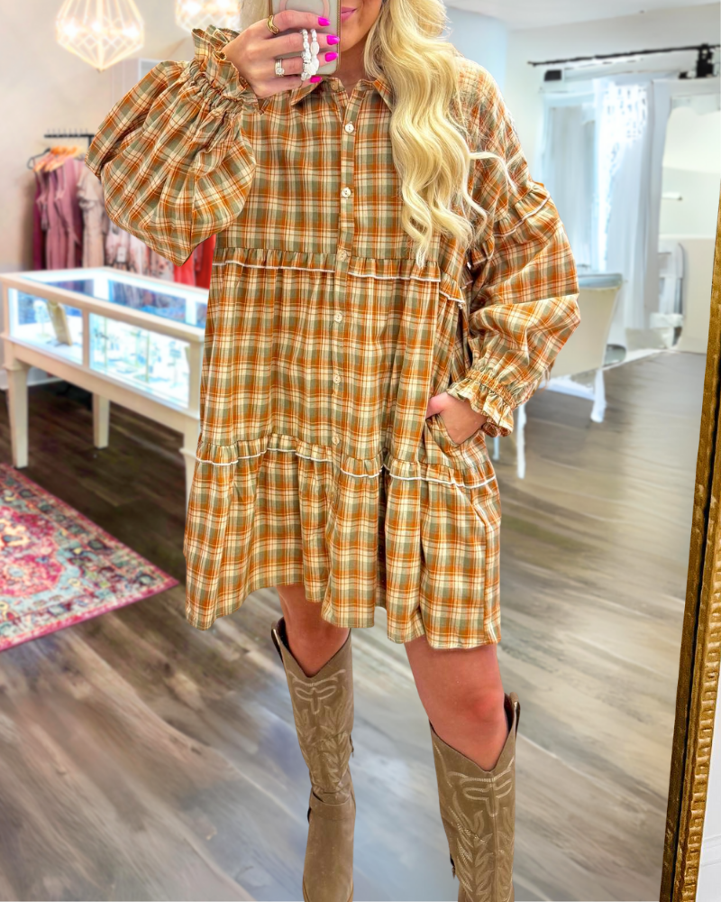 Fashionable Ruffle Trim Plaid Dress