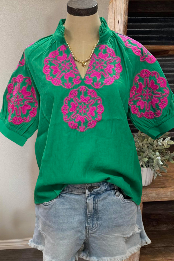 Green/Magenta Embroidered Top