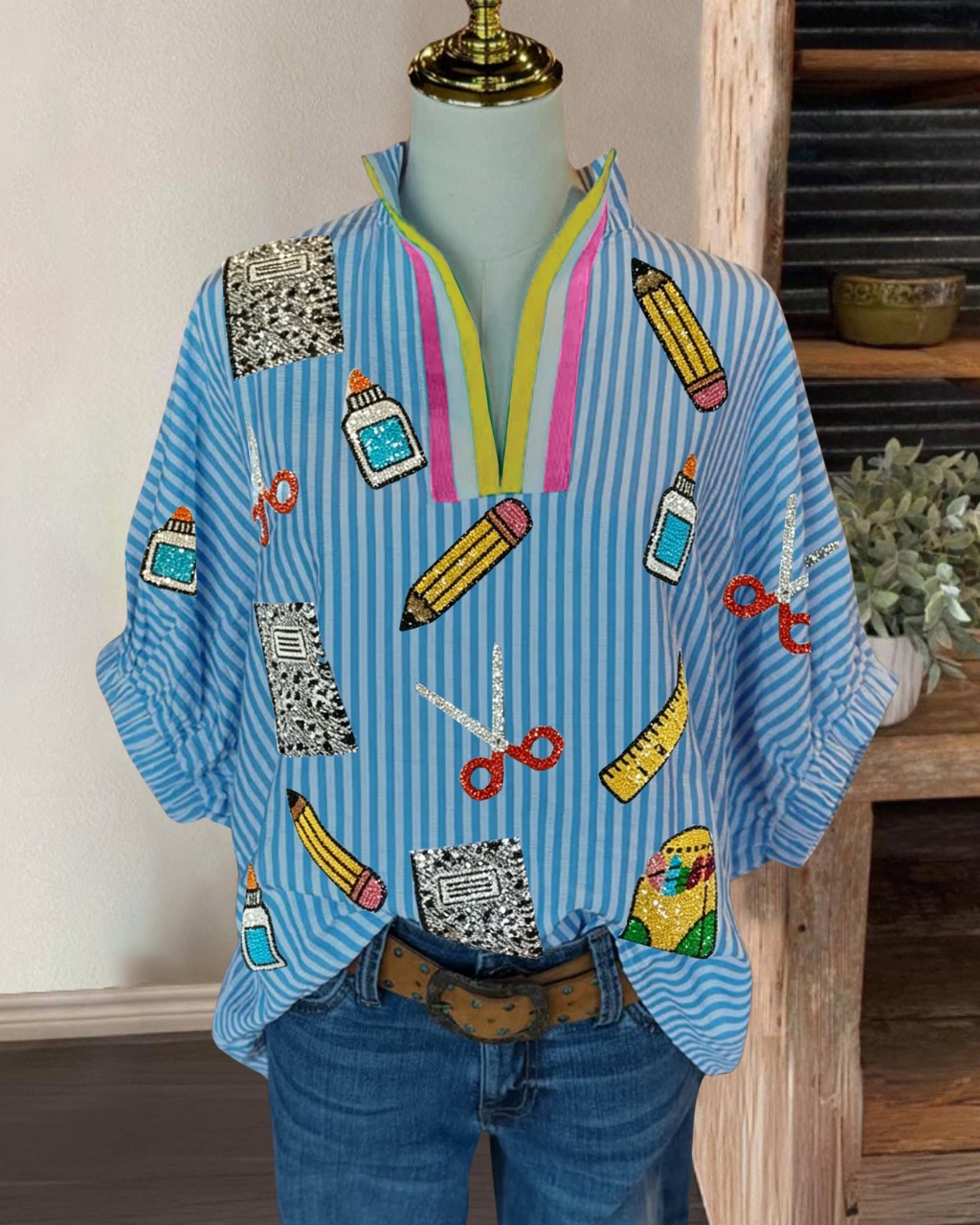 School Supplies Sequined Striped Top