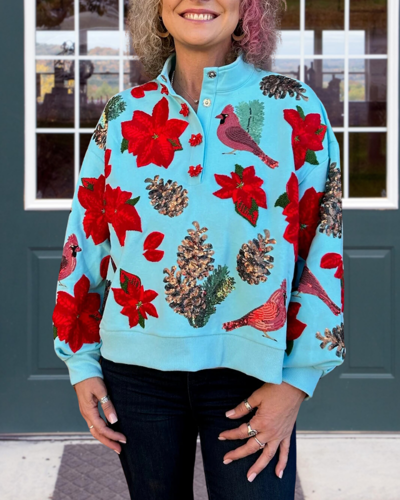 Floral Pinecone Sequin Henley Pullover