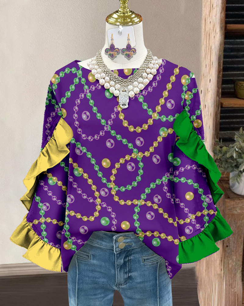 Colorblocked Pearl Print Ruffled Top